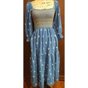 Blue Embroidered Gauze Midi Dress Square Neck Smocked Bodice Puff Sleeve Tiered